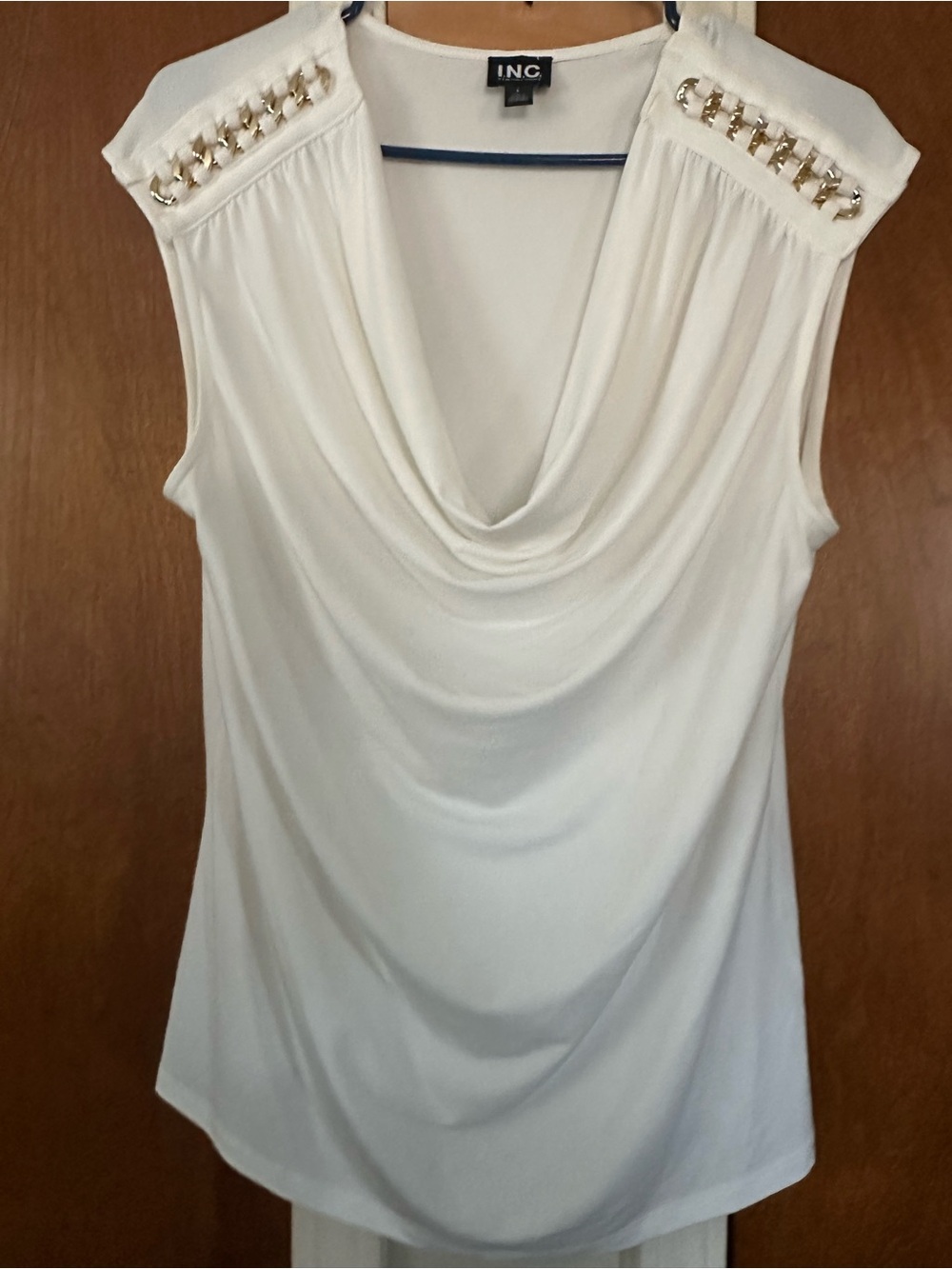 INC International Concepts Cream Draped Cowl Neck Tank with Gold Chain Shoulders